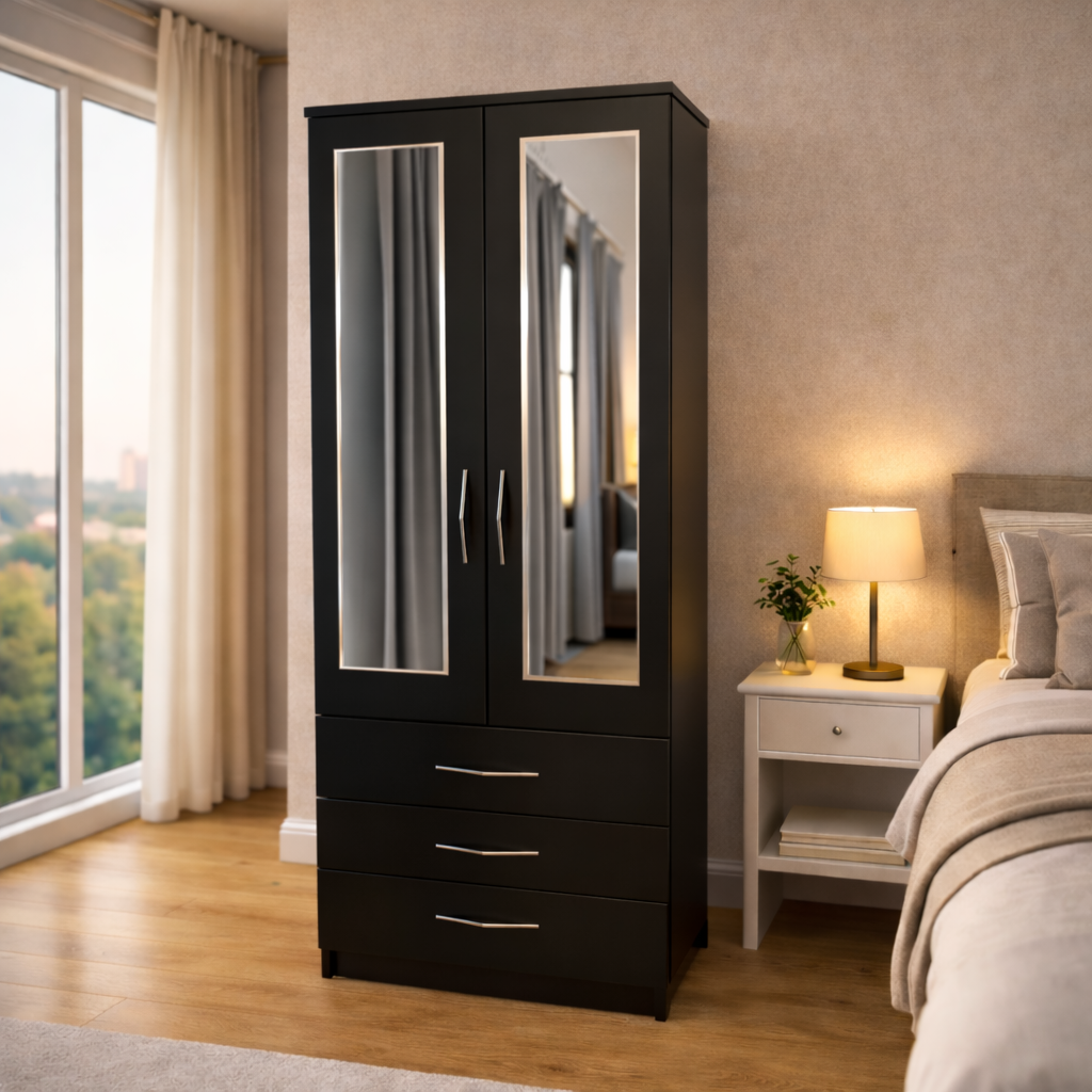 Black  2 door mirrored wardrobe with 3 storage drawers