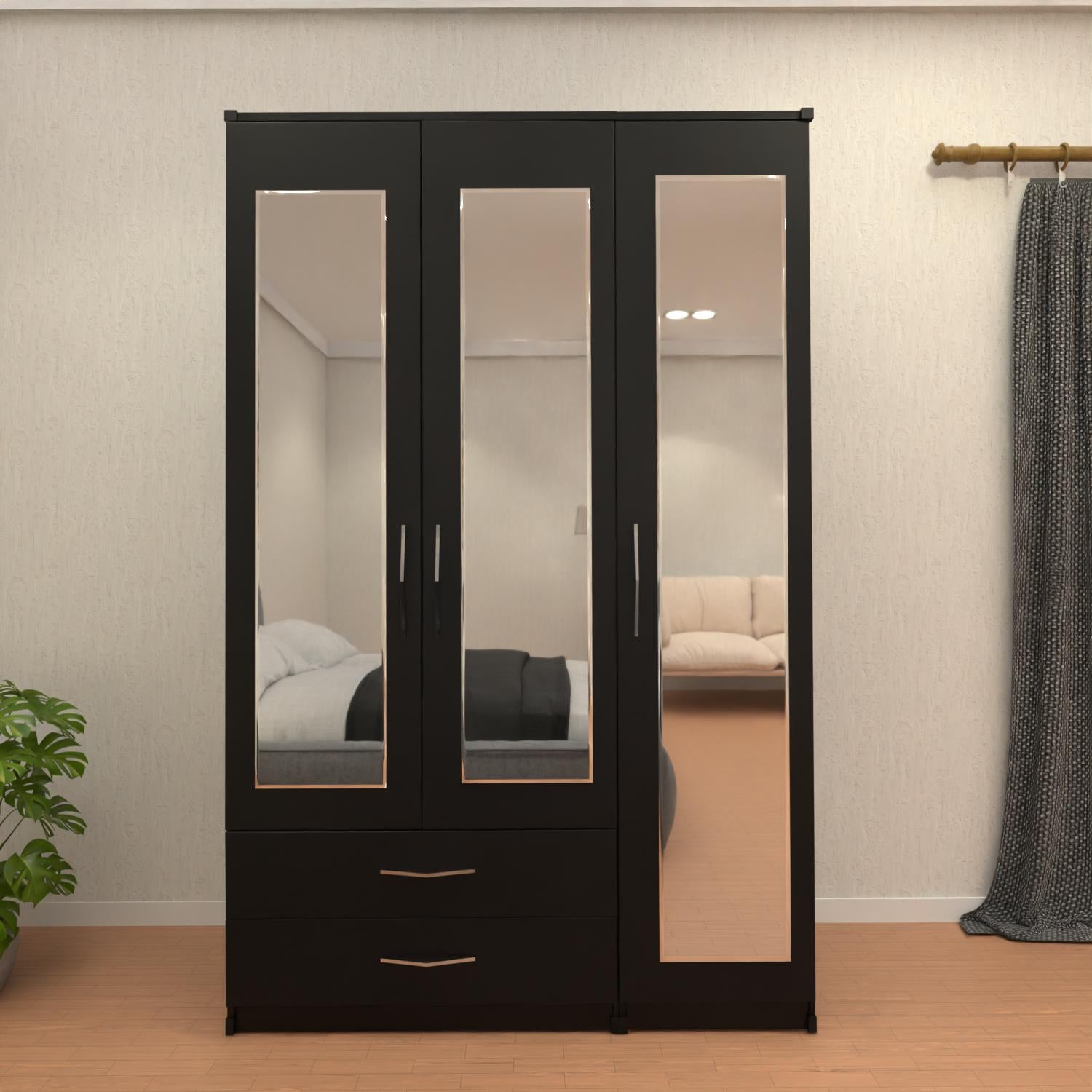 Black 3 door mirrored wardrobe with storage drawers