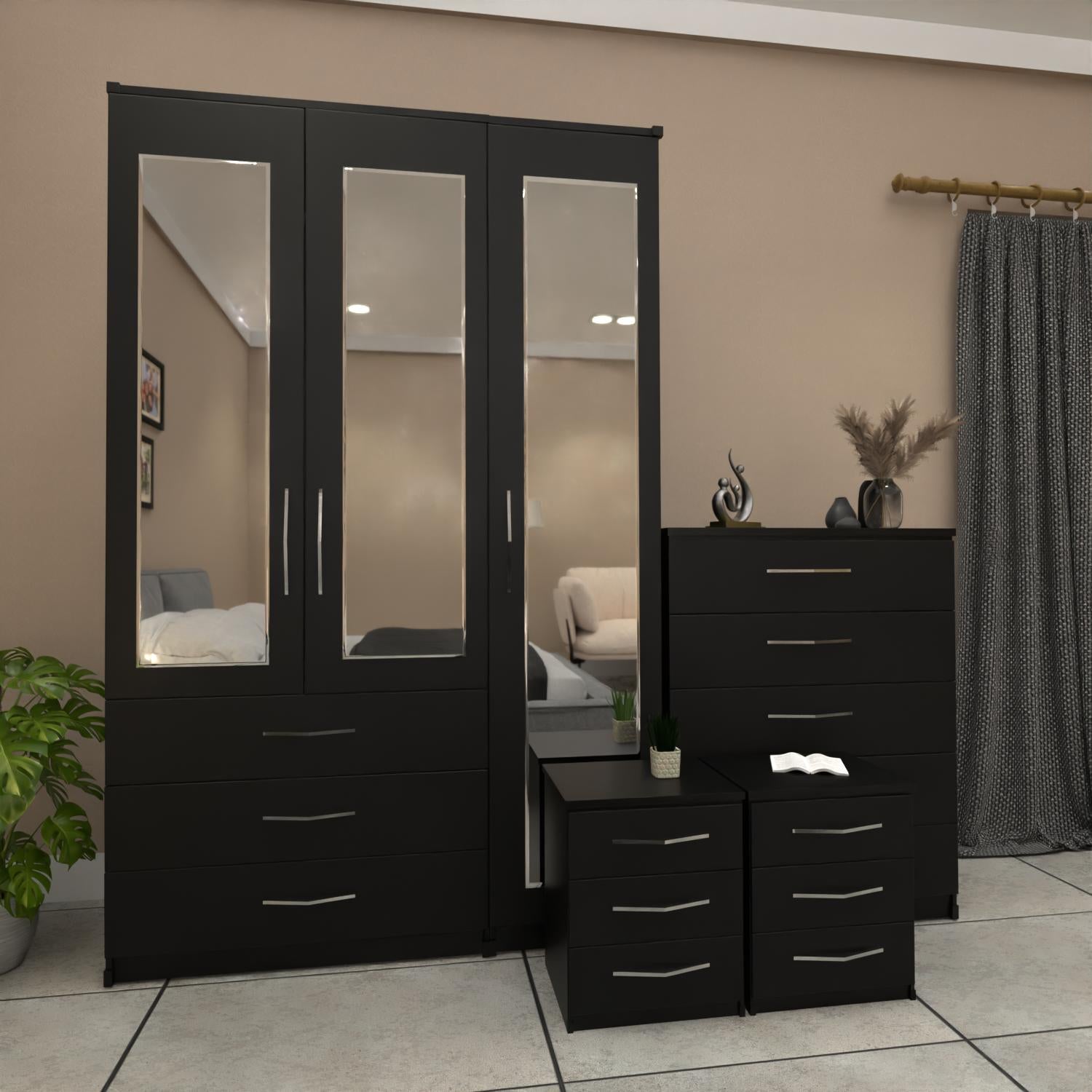 Black 3 door mirrored wardrobe bedroom furniture set with bedside tables and chest of drawers