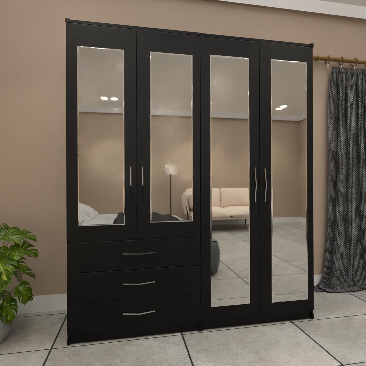black 4 door mirrored wardrobe with spacious drawer storage