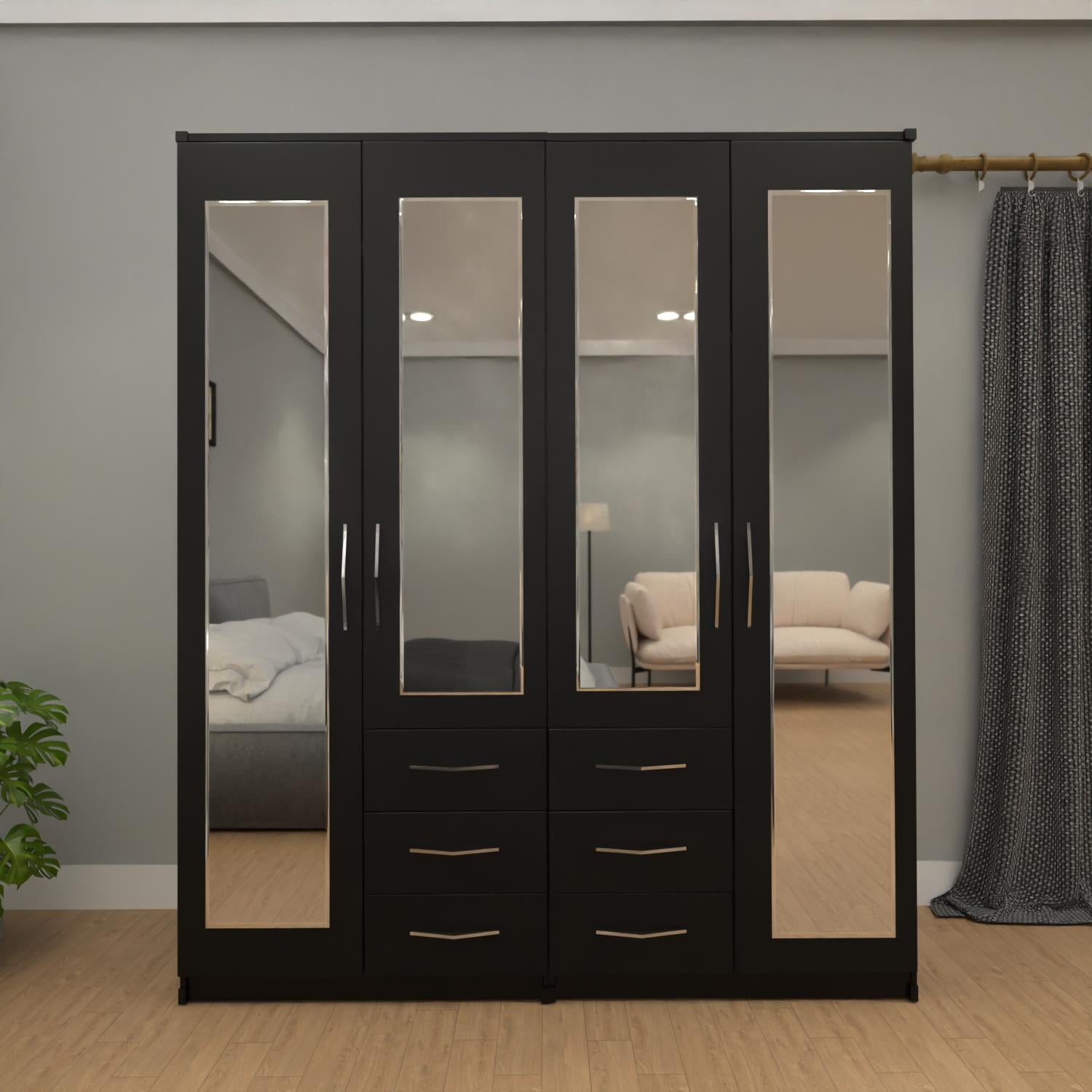 Black 4 door mirrored combi wardrobe with 6 drawers
