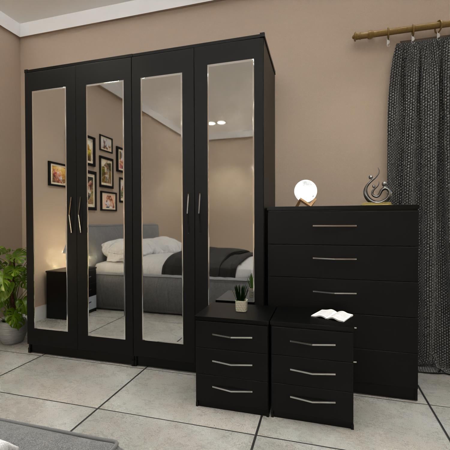 Black 4 door mirrored wardrobe furniture set with 2 bedside cabinets and chest drawers