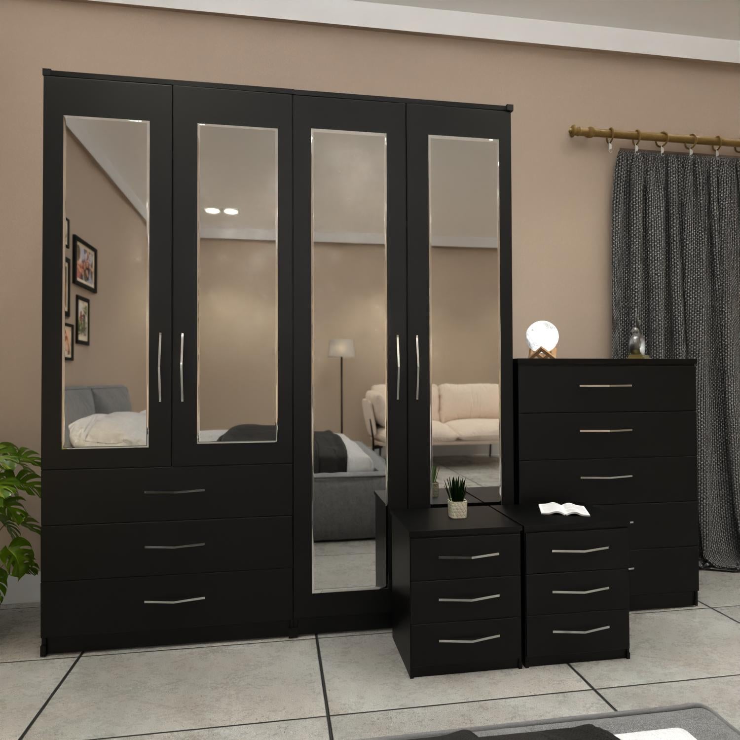 Black 4 door wardrobe bedroom furniture set with bedside cabinets and chest of drawers