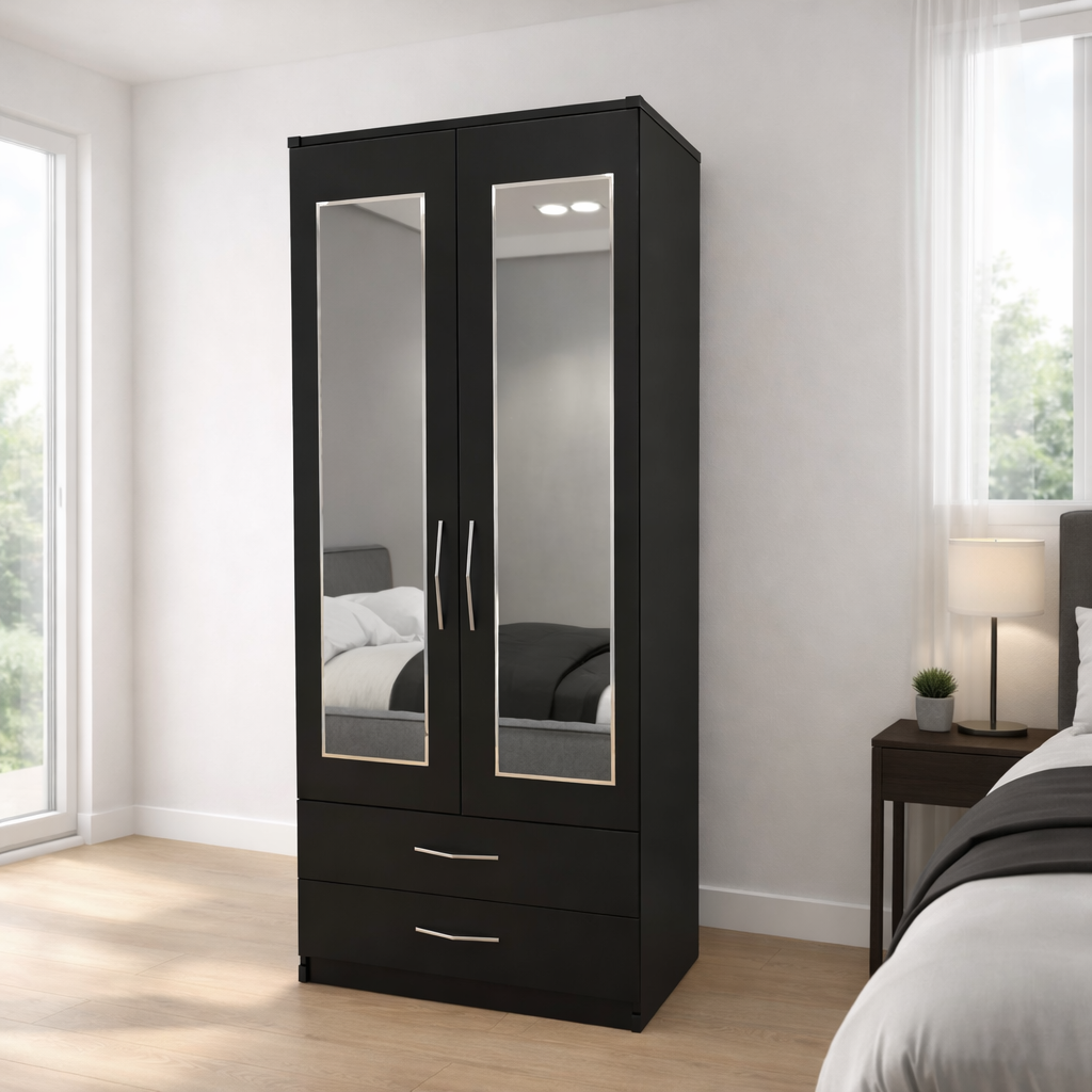 Black finish 2 door mirrored wardrobe with drawer storage