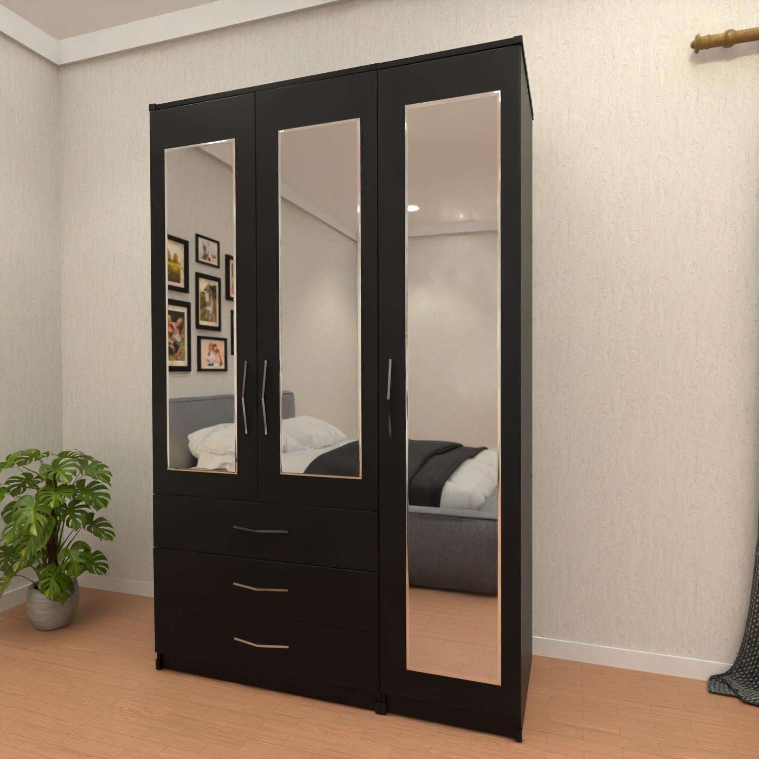 Black 3 door wardrobe with spacious drawer storage