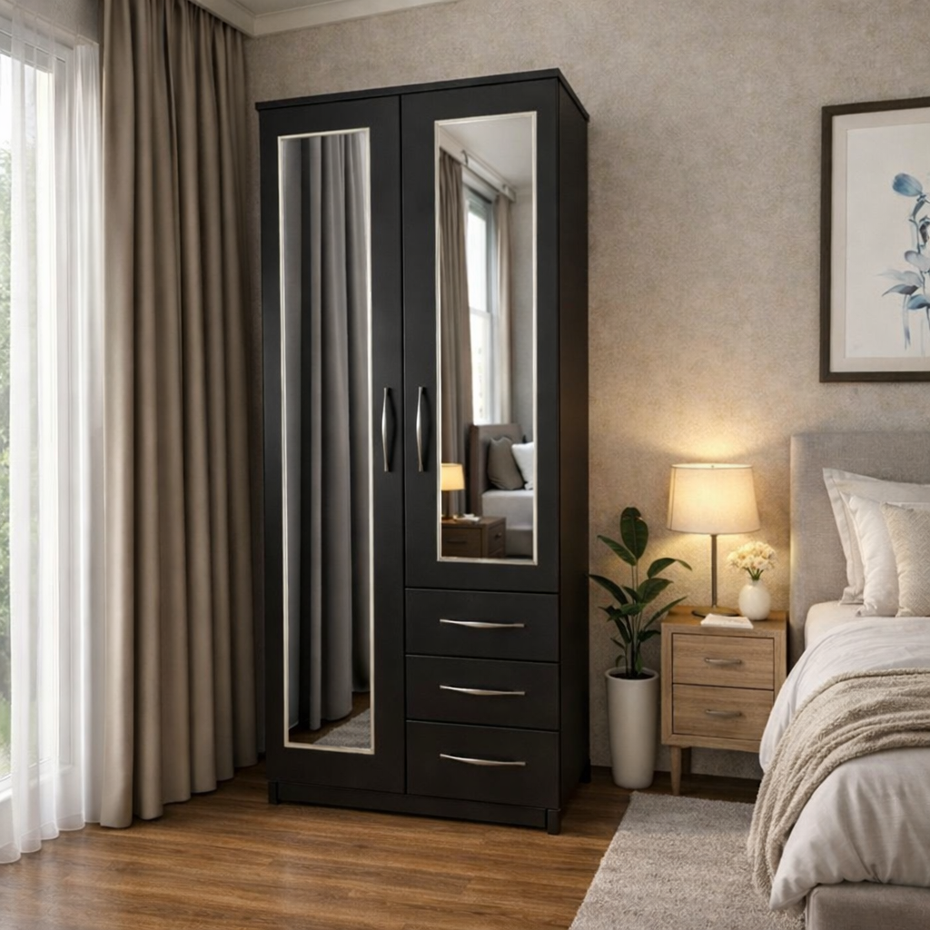 Black modern combi wardrobe with side drawers for bedroom storage