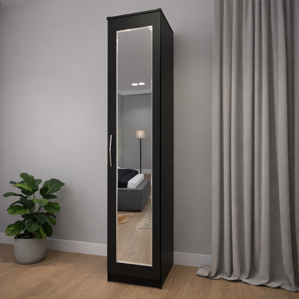 Black slim mirrored wardrobe for compact bedroom interiors