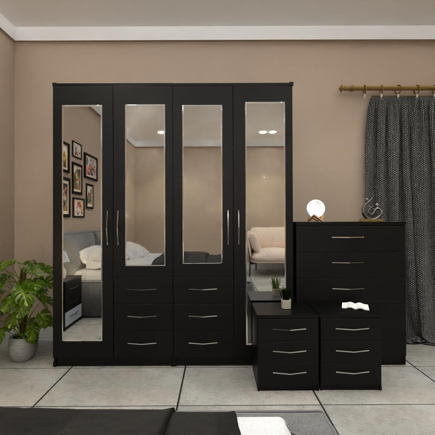 Black 4 door mirrored combi wardrobe bedroom set with bedside tables and chest of drawers