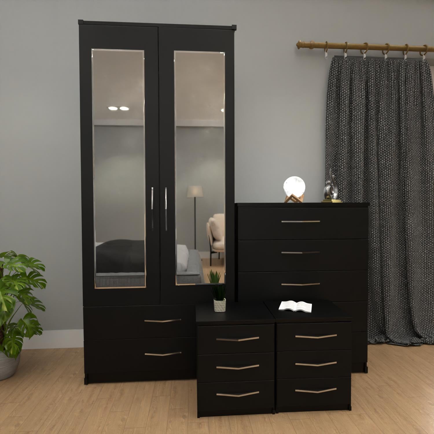 Black 2 door mirrored wardrobe furniture set with 3 drawer bedside cabinets and 5 drawer chest