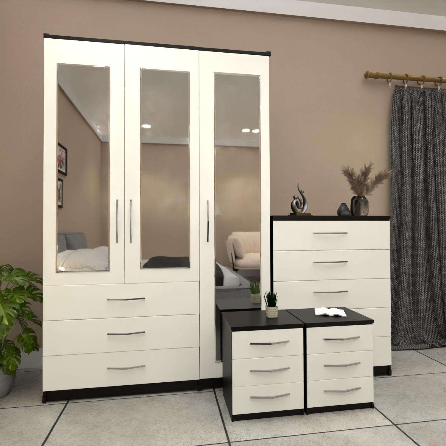 Black & White 3 door mirrored wardrobe bedroom furniture set with bedside tables and chest of drawers