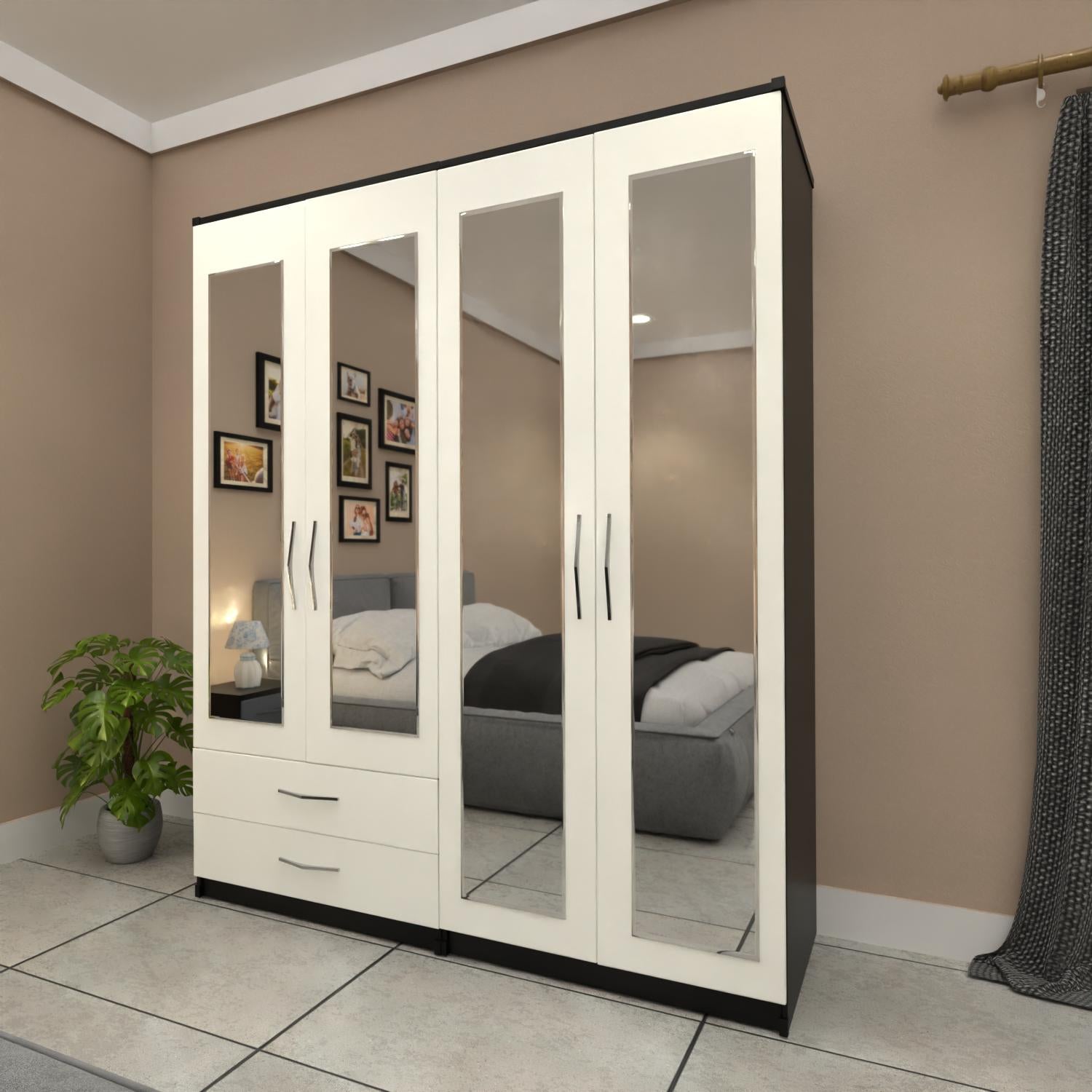 Black & White 4 door mirrored wardrobe furniture set with storage drawers