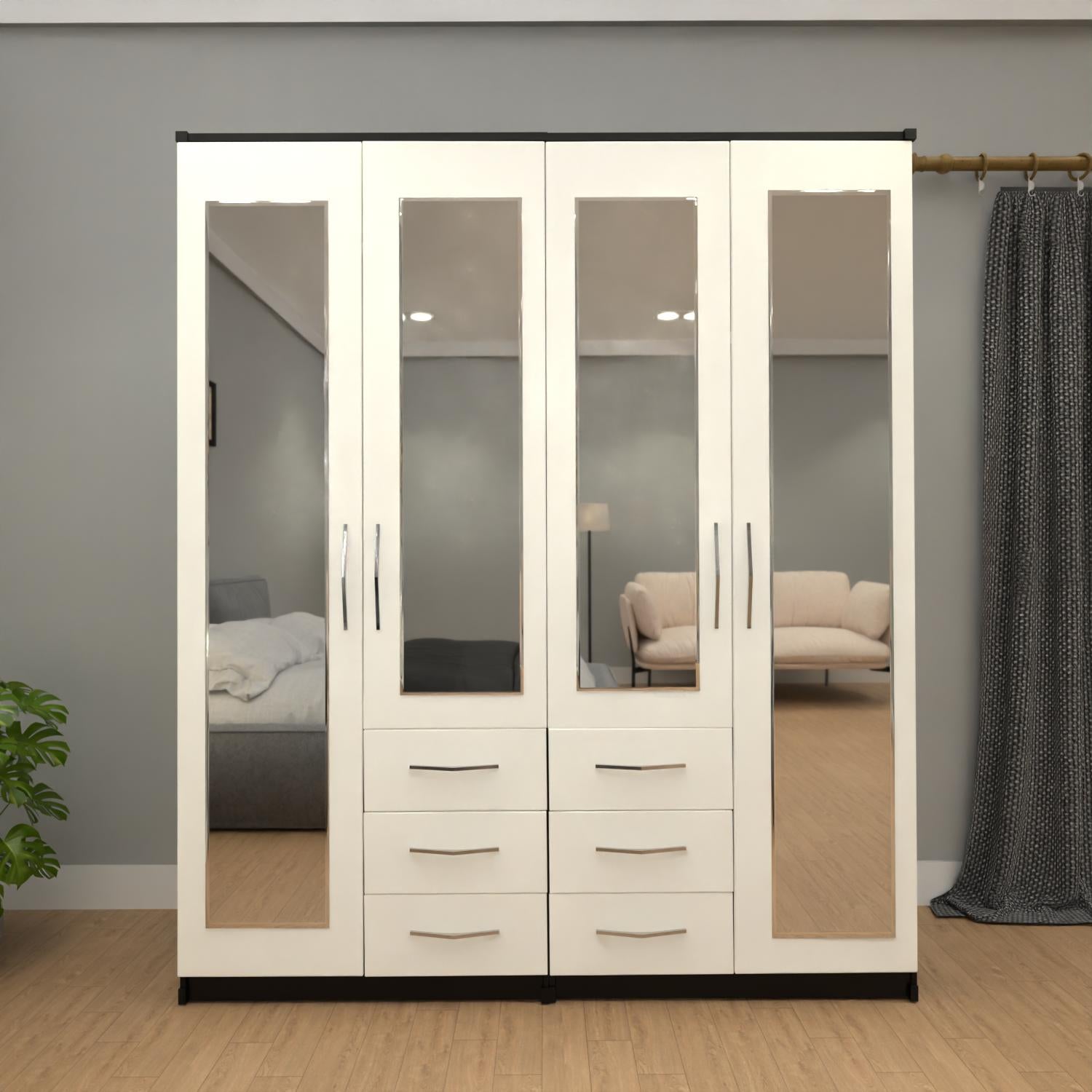 Black & White 4 door mirrored combi wardrobe with 6 drawers