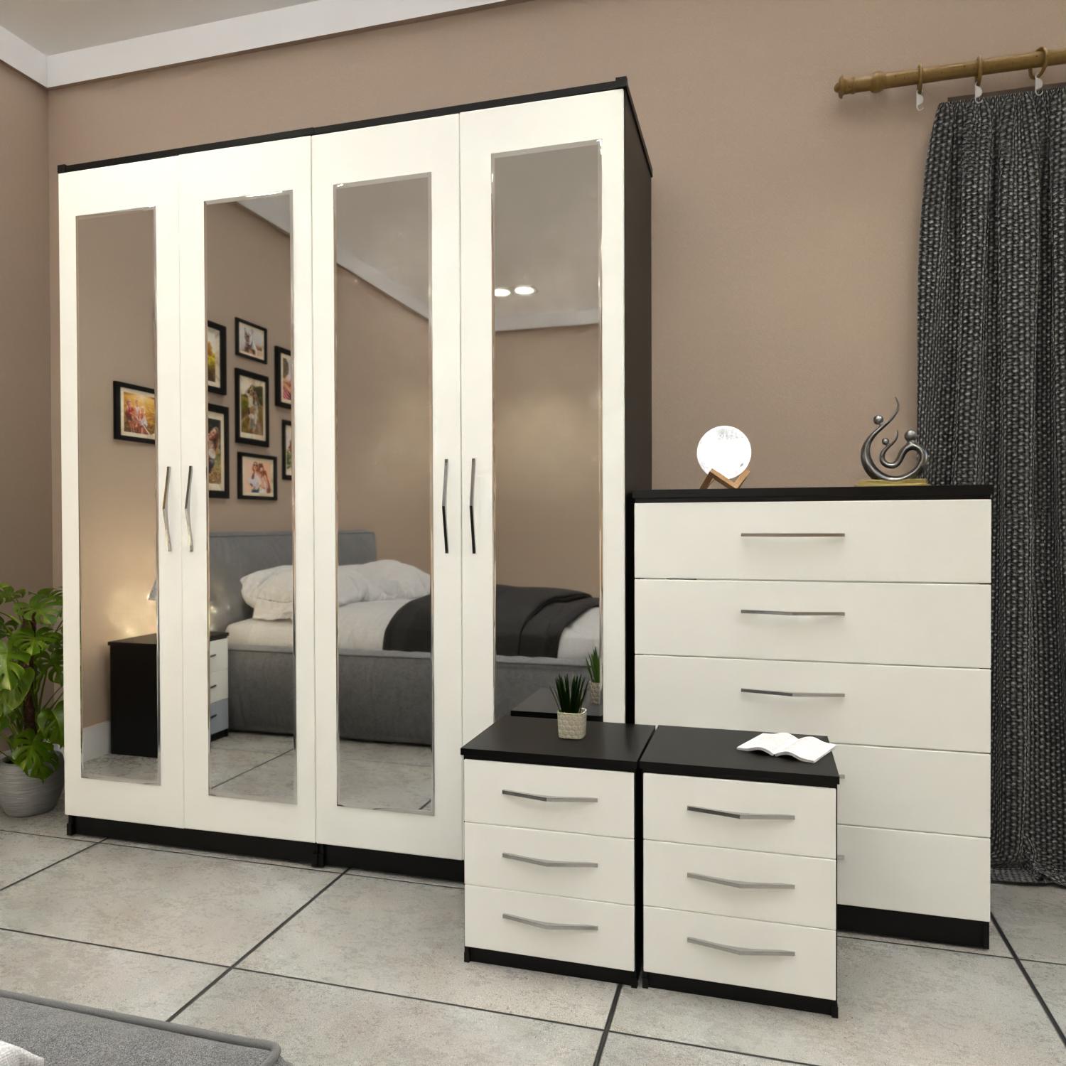 Black & White 4 door mirrored wardrobe furniture set with 2 bedside cabinets and chest drawers