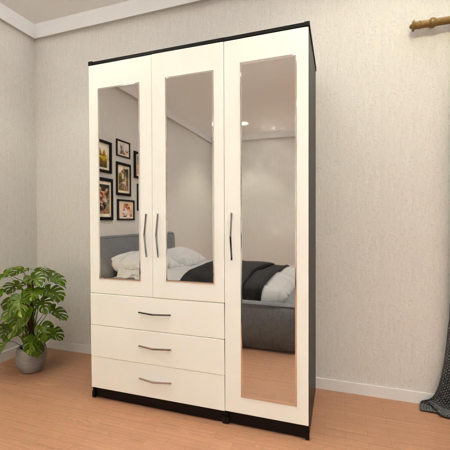 Black & White 3 door wardrobe with spacious drawer storage