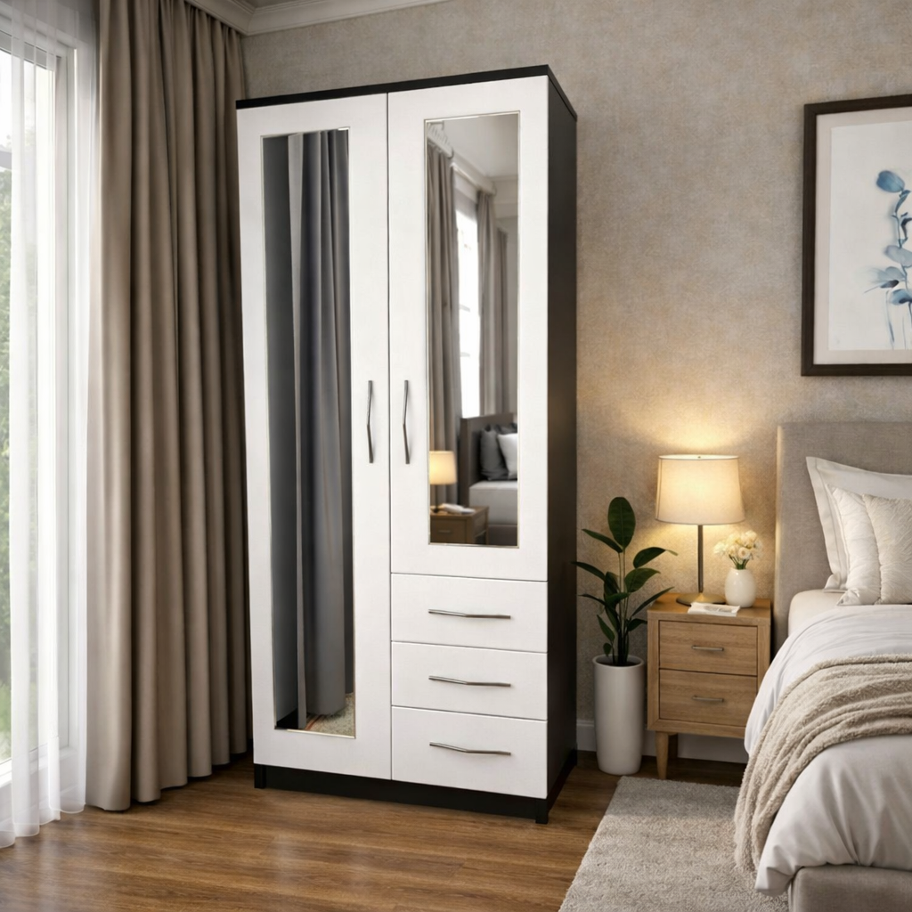 Black & White modern combi wardrobe with side drawers for bedroom storage