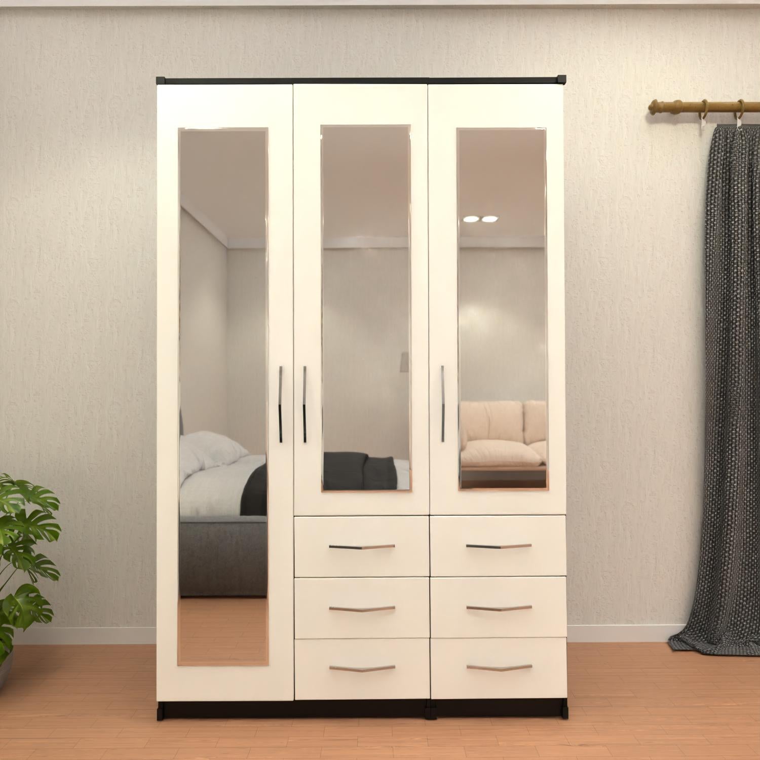Black & White 3 door mirrored combi wardrobe with drawer storage