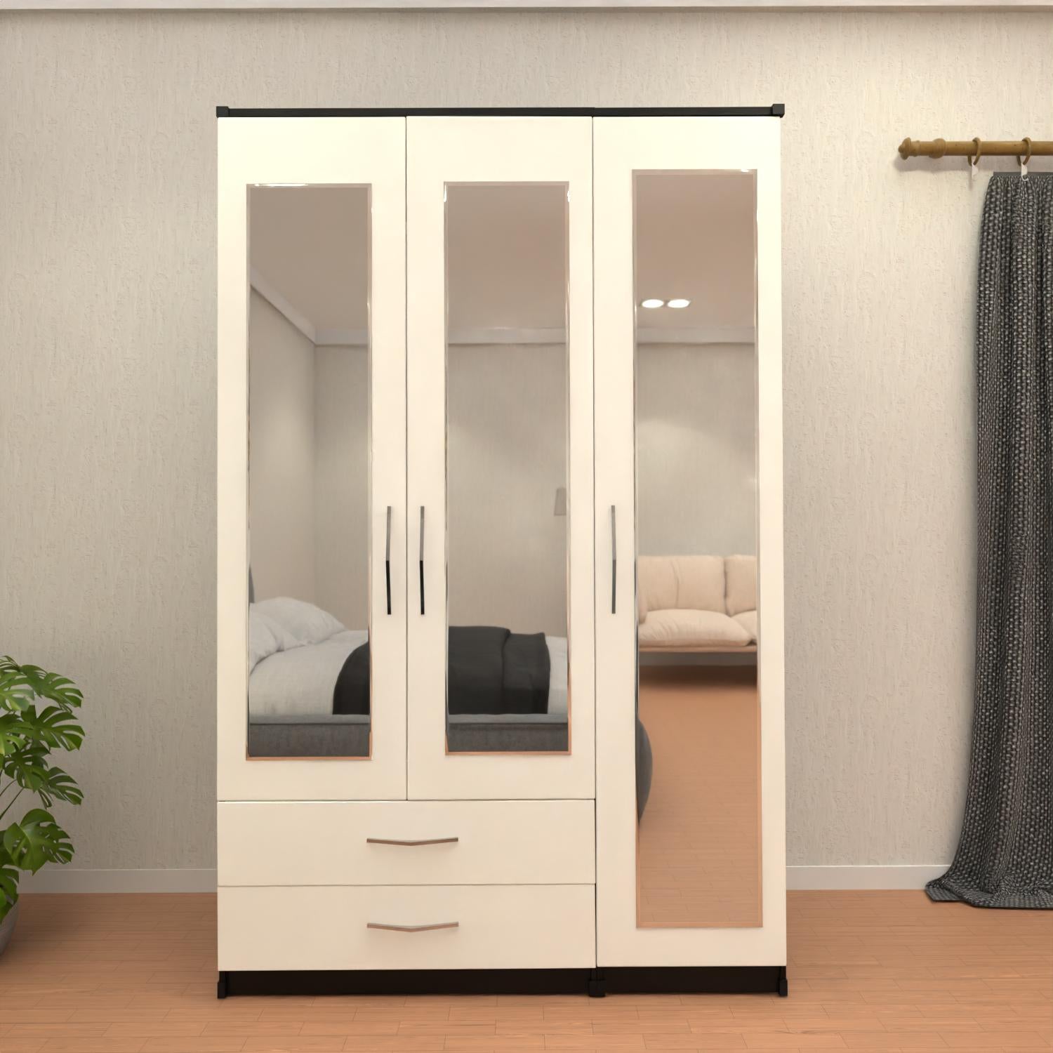 Black & White 3 door mirrored wardrobe with storage drawers