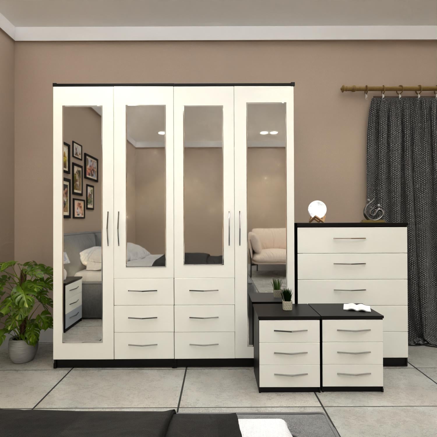 Black & White door mirrored combi wardrobe bedroom set with bedside tables and chest of drawersack