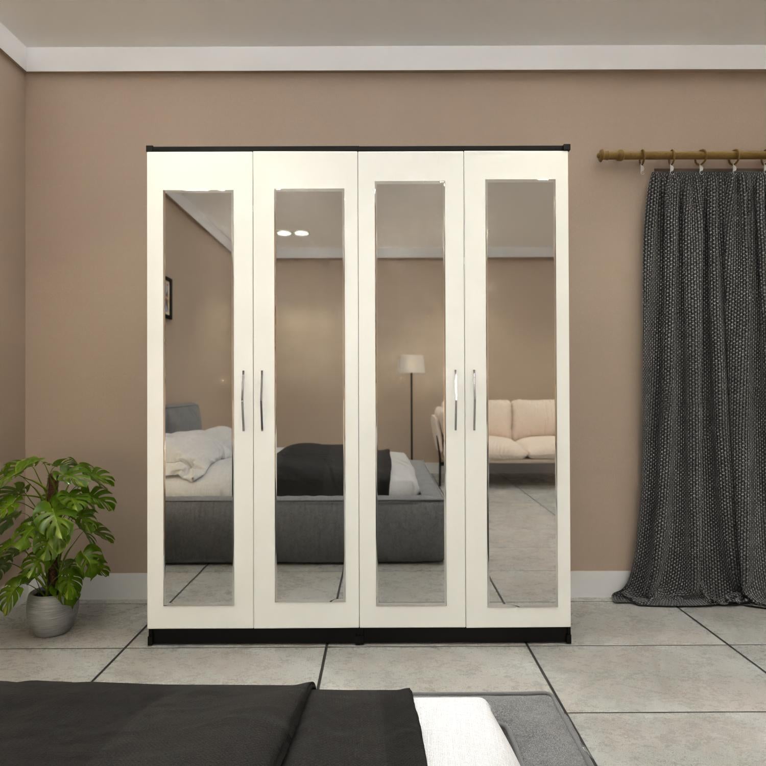 Black & White 4 door mirrored wardrobe with spacious bedroom storage