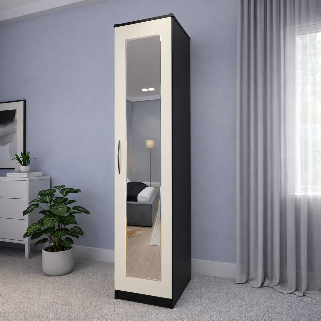 Black & WHite slim mirrored wardrobe for compact bedroom interiors