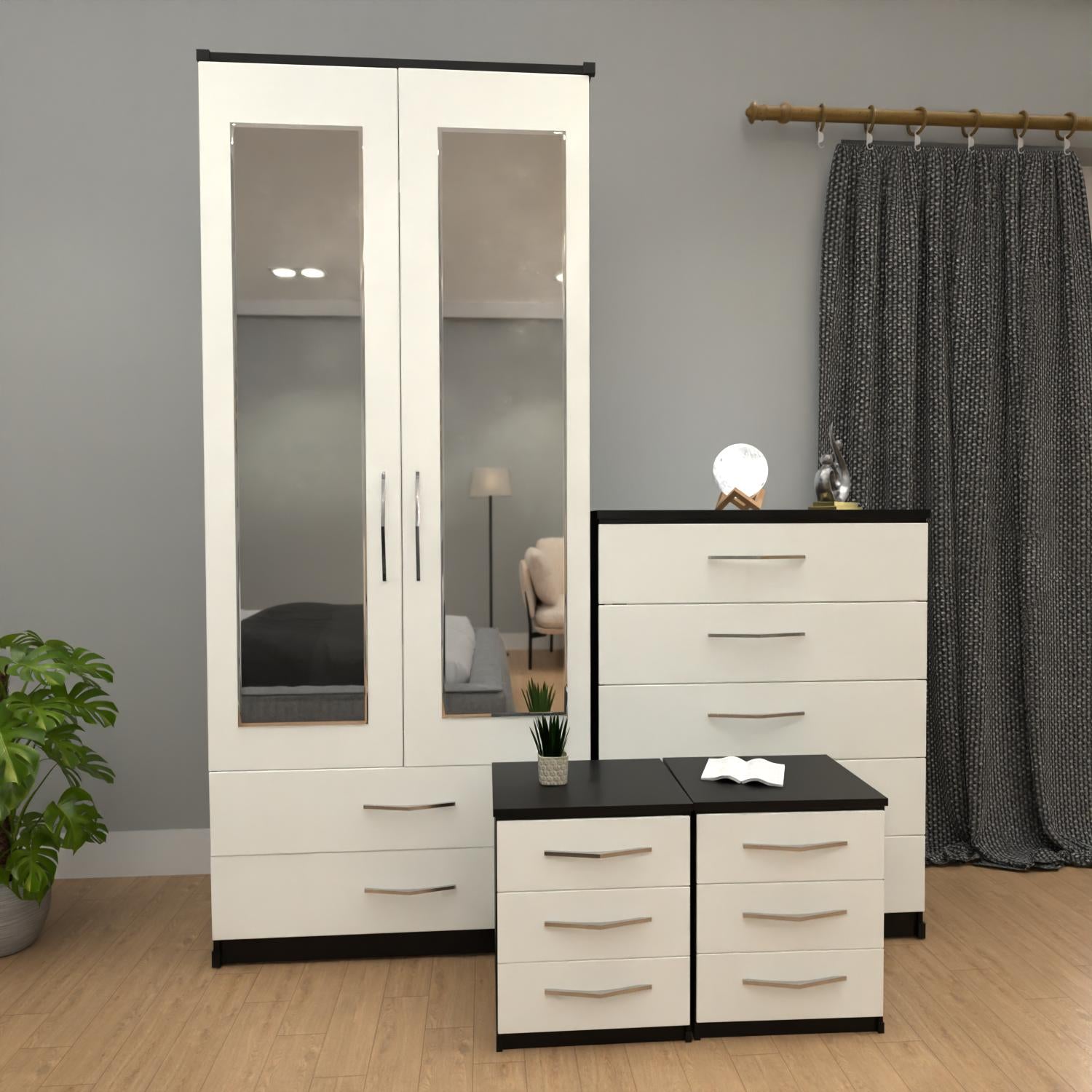Black & White 2 door mirrored wardrobe furniture set with 3 drawer bedside cabinets and 5 drawer chest