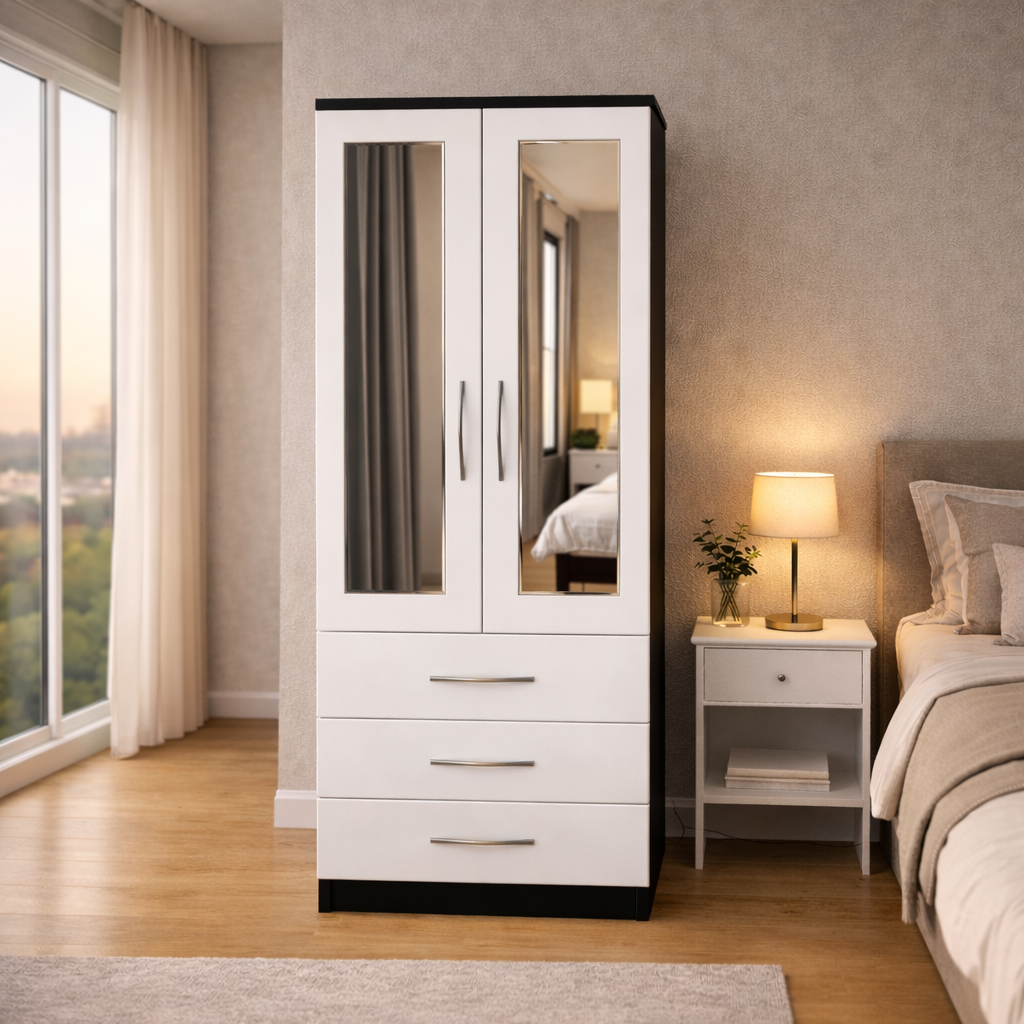 Black & White 2 door mirrored wardrobe with 3 storage drawers for modern bedroom