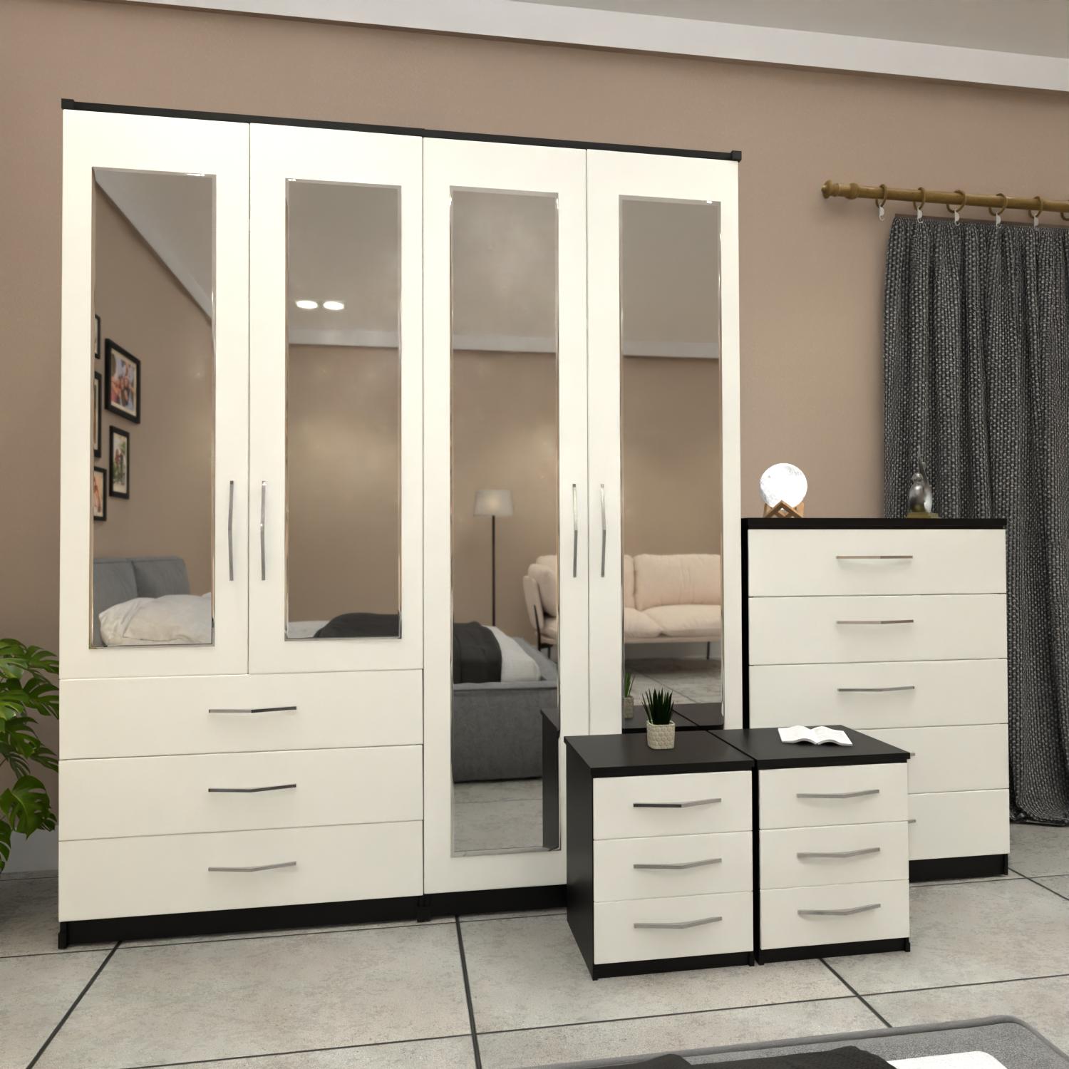 Black & White 4 door mirrored wardrobe bedroom set with bedside tables and chest of drawers