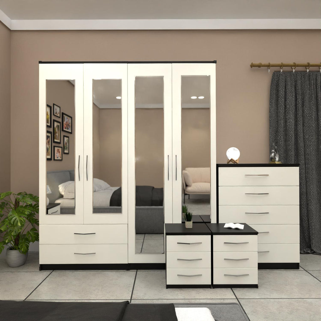 Black & White 4 door wardrobe bedroom furniture set with bedside cabinets and chest of drawers