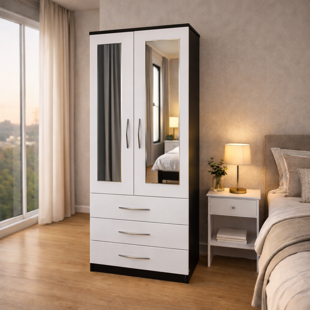 Black & White 2 door mirrored wardrobe with 3 storage drawers for modern bedroom