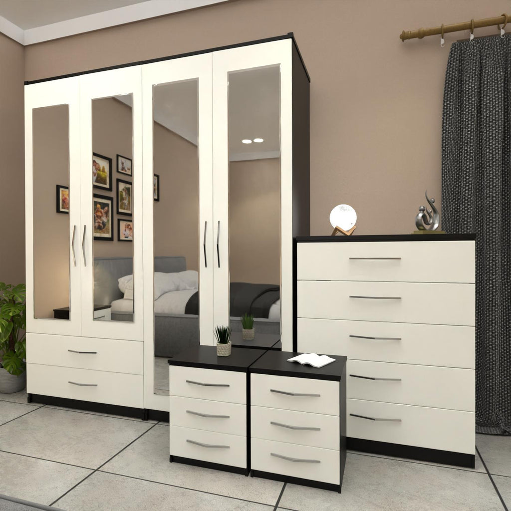 Black & White 4 door wardrobe bedroom furniture set with bedside cabinets and chest of drawers