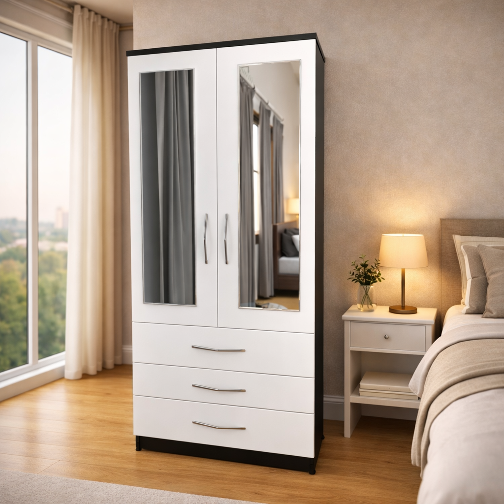 Black & White 2 door mirrored wardrobe with 3 storage drawers for modern bedroom