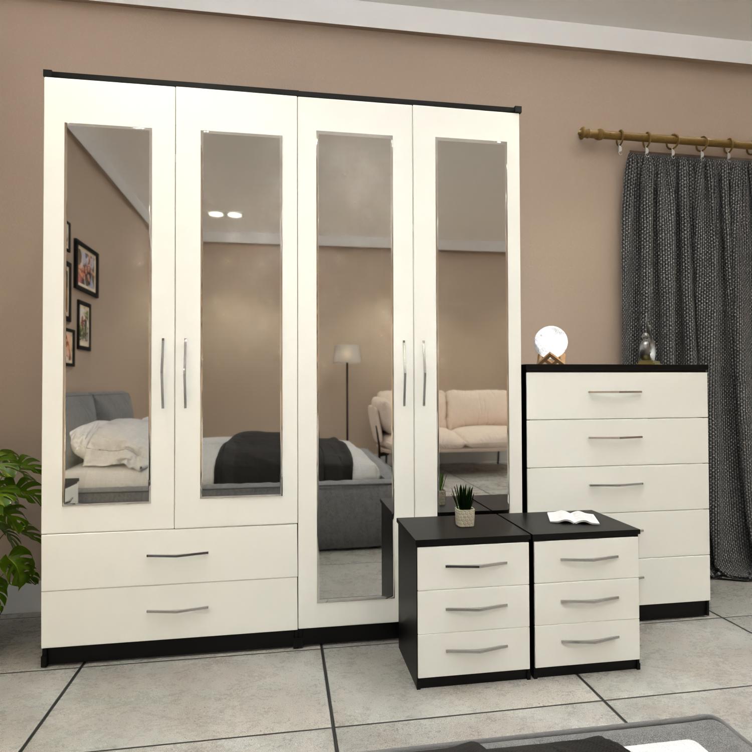 Black & White 4 door wardrobe bedroom furniture set with bedside cabinets and chest of drawers