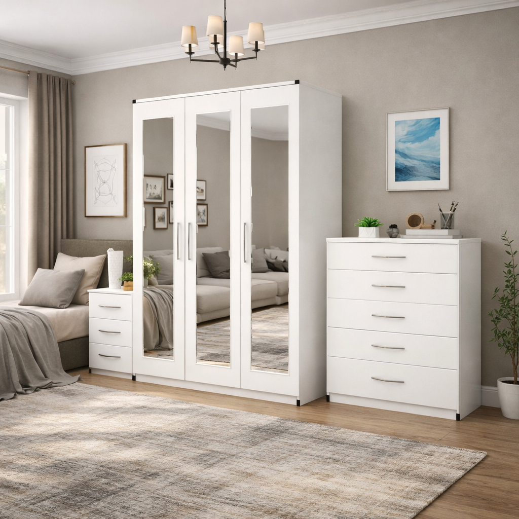 3 Door Mirrored Wardrobe Bedroom Set – Pre-Assembled with Bedside Table & Chest of Drawers