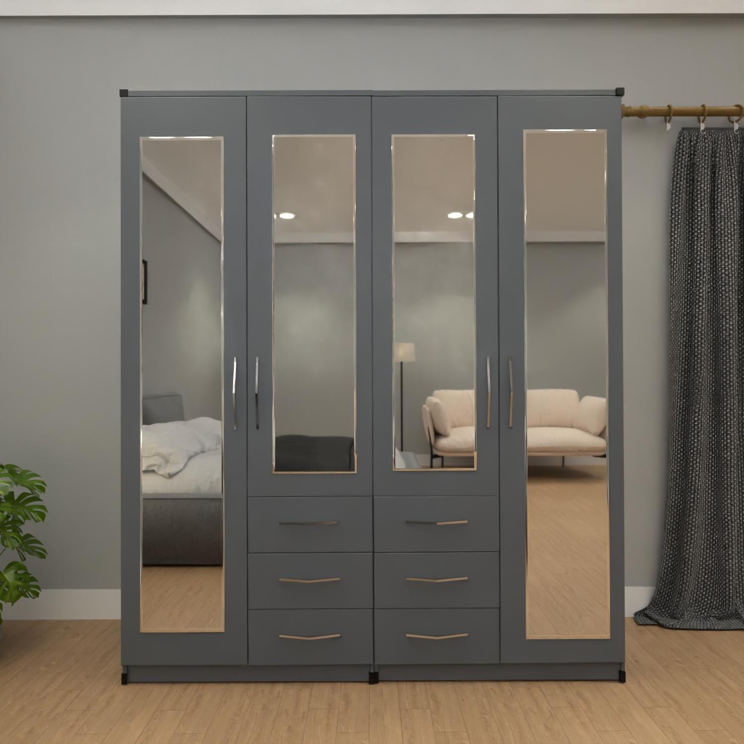 Grey 4 door mirrored combi wardrobe with 6 drawers