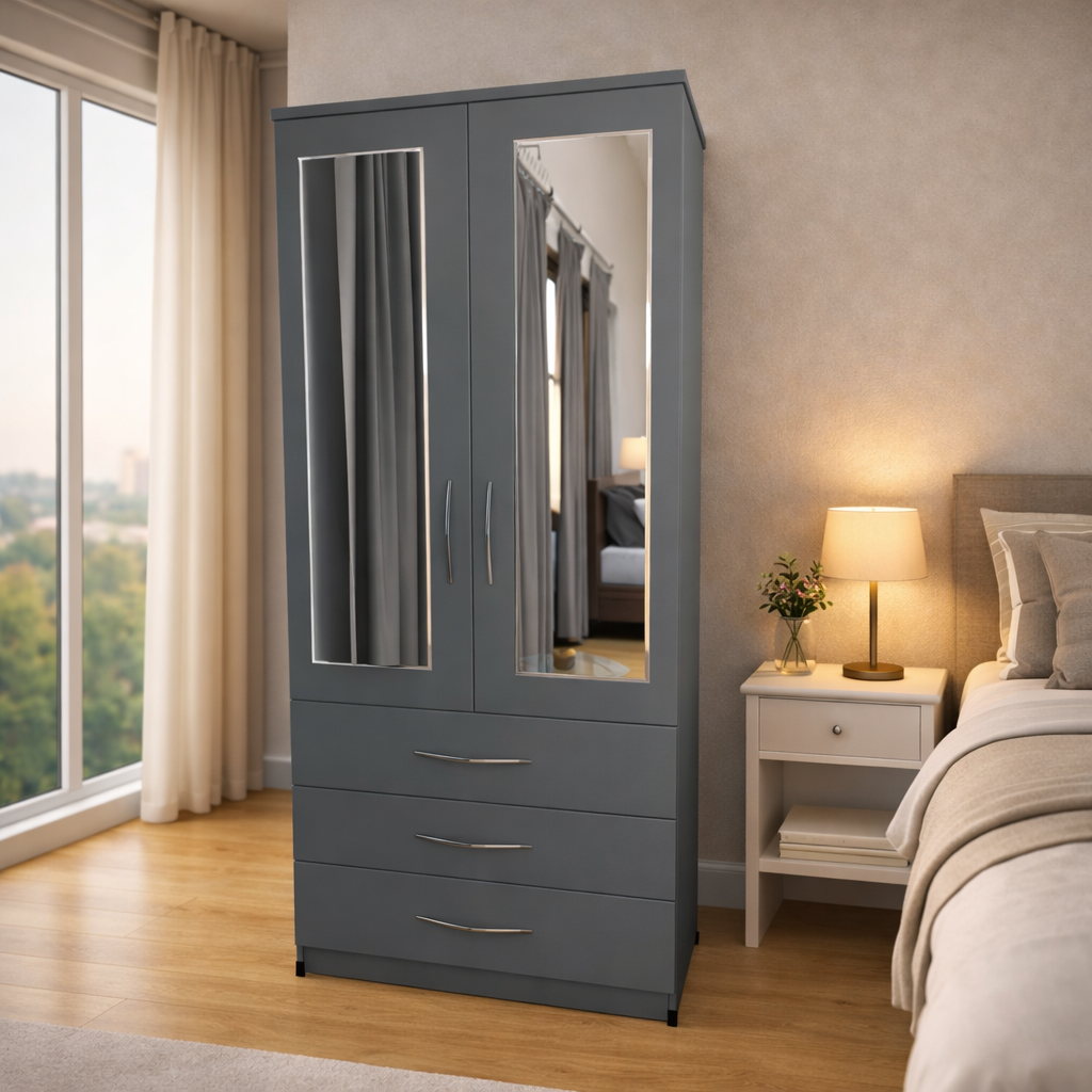 grey 2 door mirrored wardrobe with 3 storage drawers