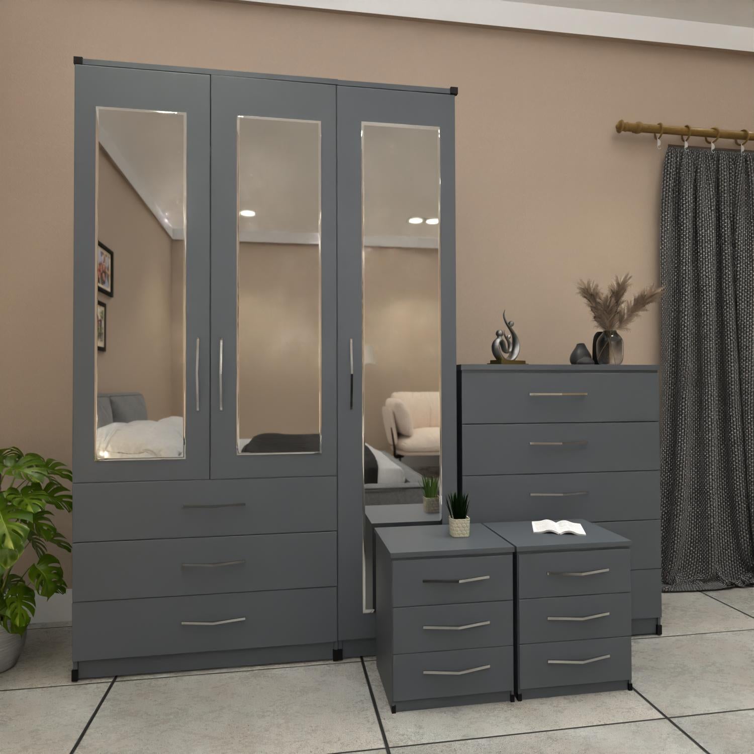 Grey 3 door mirrored wardrobe bedroom furniture set with bedside tables and chest of drawers