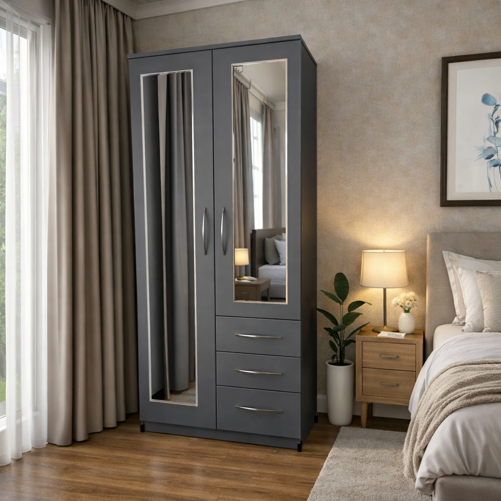 Grey modern combi wardrobe with side drawers for bedroom storage