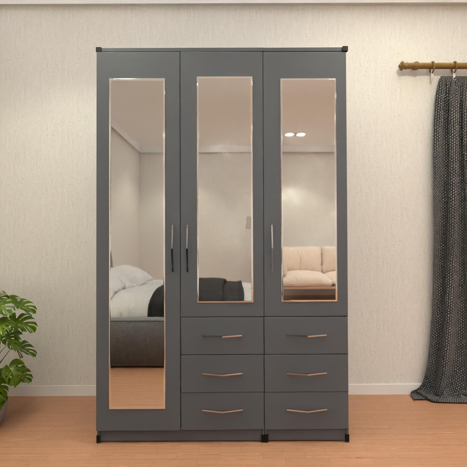 Grey 3 door mirrored combi wardrobe with drawer storage