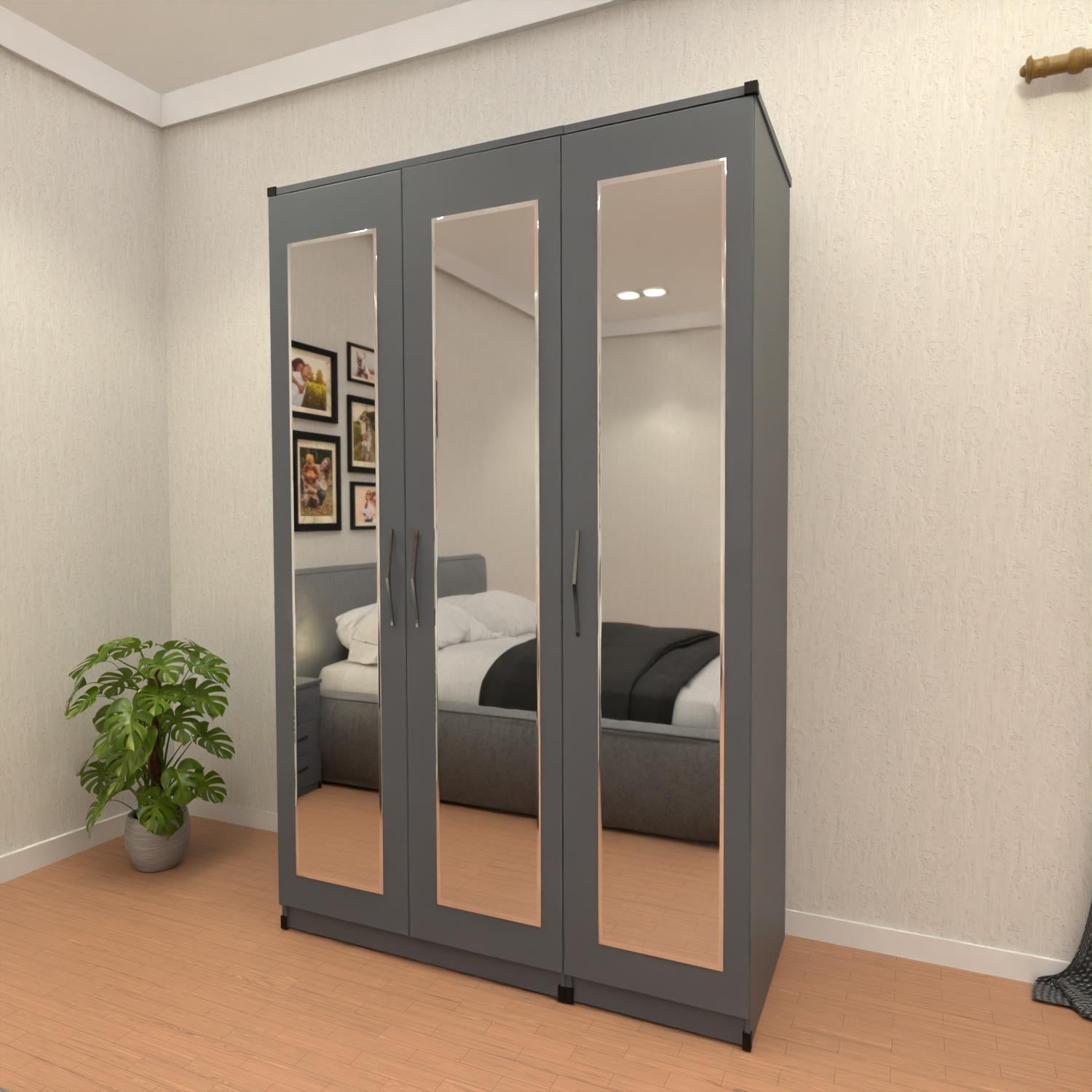 Grey 3 door mirrored wardrobe with spacious hanging storage