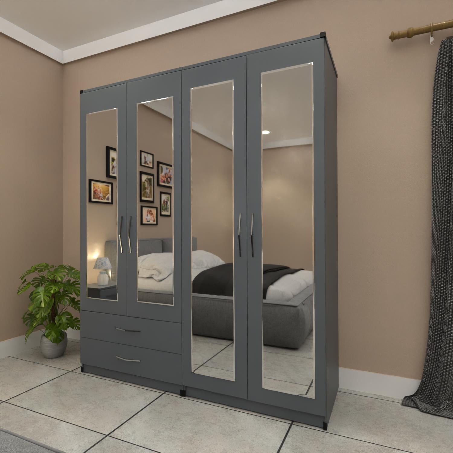 Grey 4 door mirrored wardrobe furniture set with storage drawers
