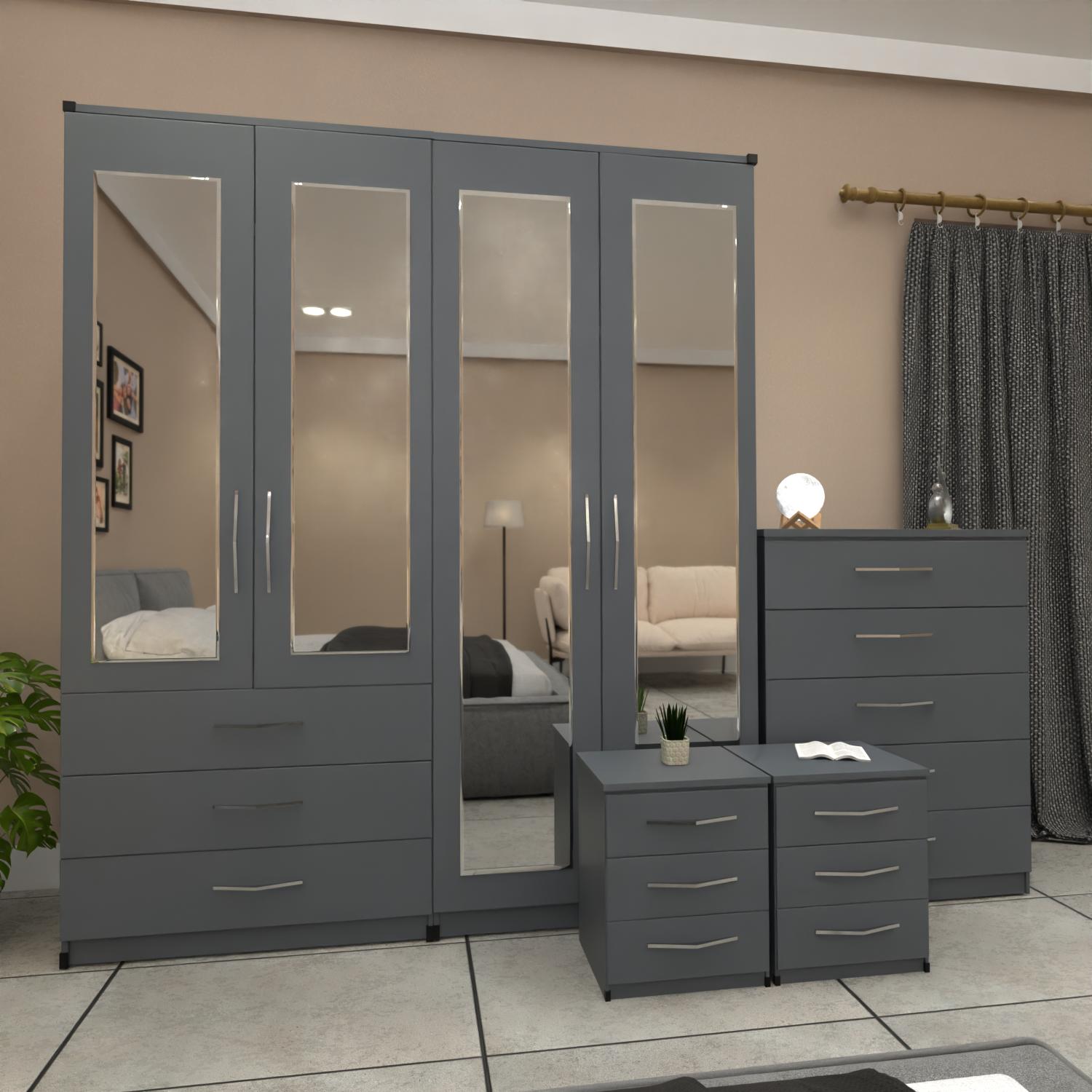 Grey 4 door wardrobe bedroom furniture set with bedside cabinets and chest of drawers