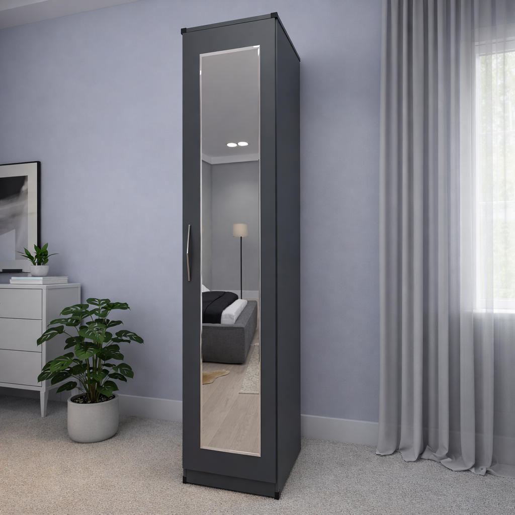 Grey slim mirrored wardrobe for compact bedroom interiors