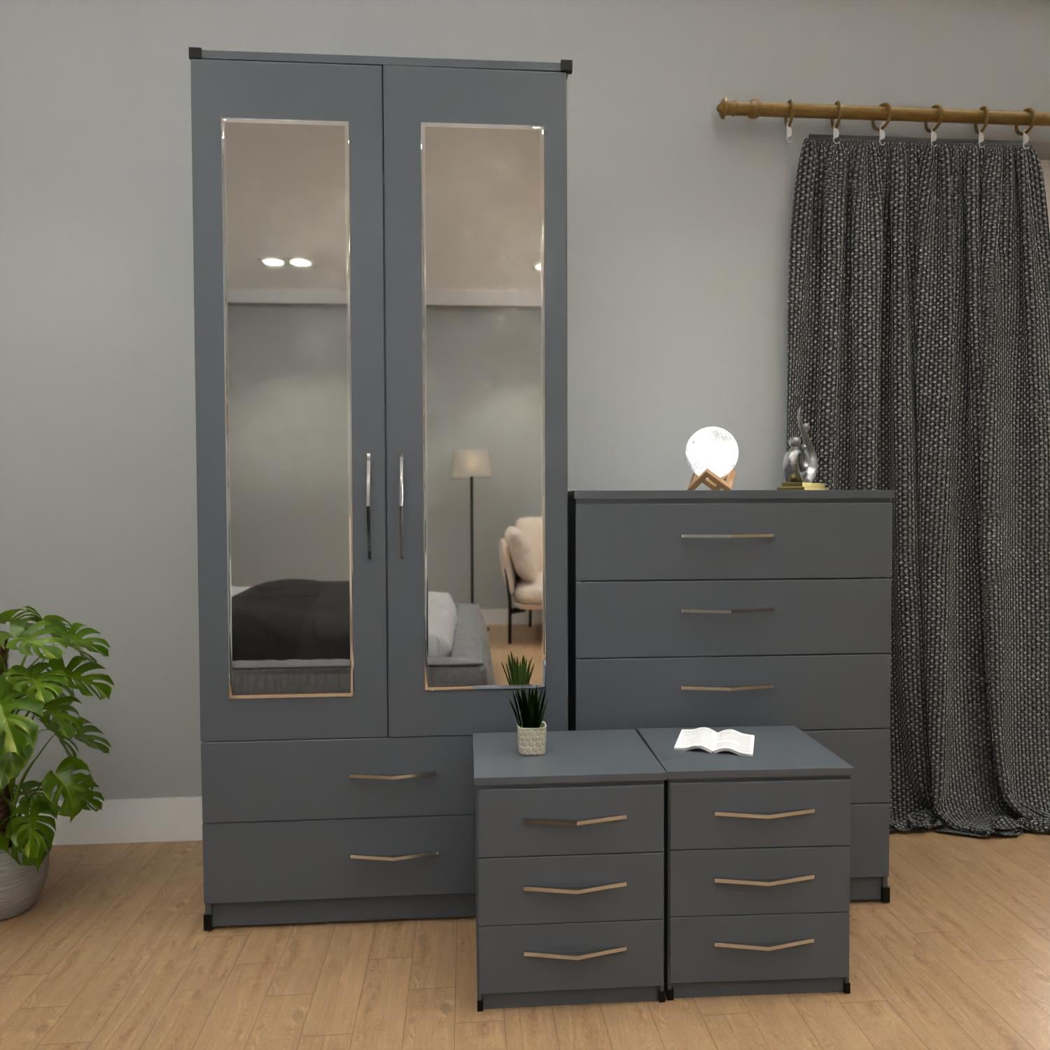 Grey 2 door mirrored wardrobe furniture set with 3 drawer bedside cabinets and 5 drawer chest