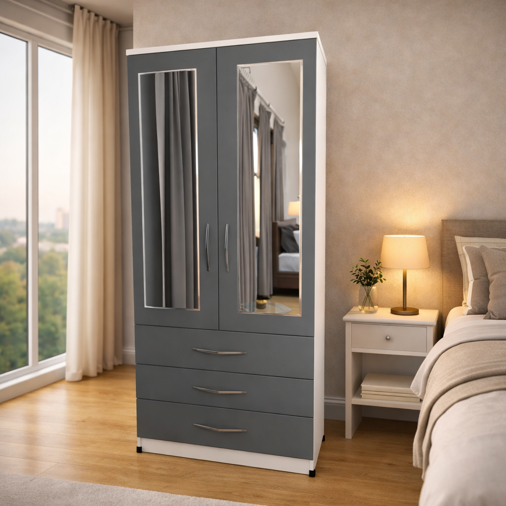 Grey & White 2 door mirrored wardrobe with 3 storage drawers