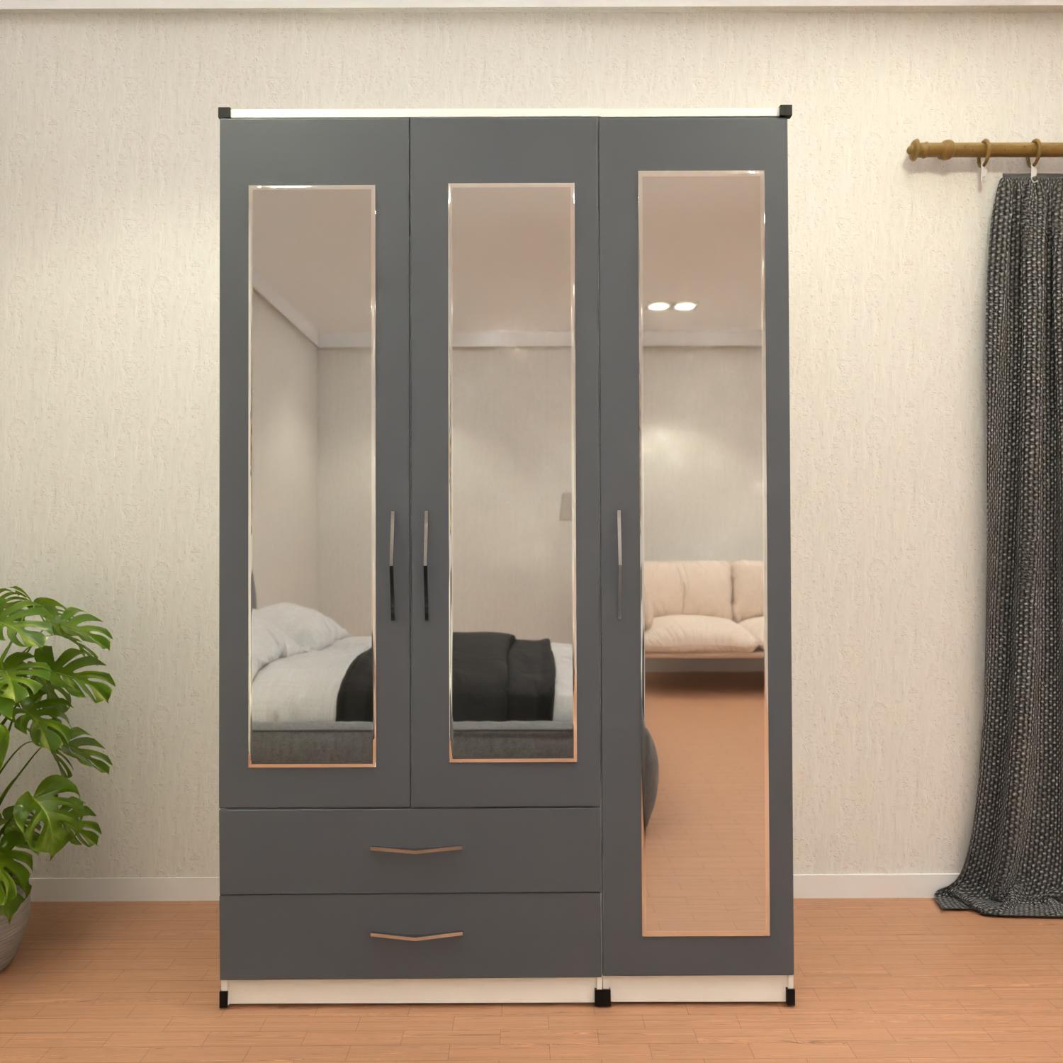 Grey & White 3 door mirrored wardrobe with storage drawers