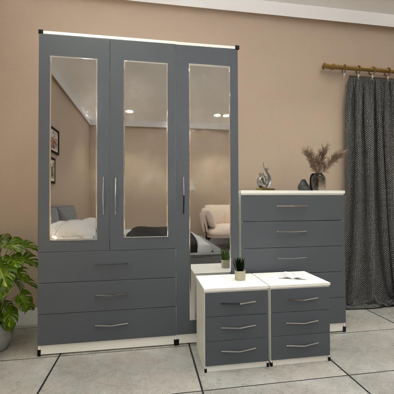Grey & White 3 door mirrored wardrobe bedroom furniture set with bedside tables and chest of drawers
