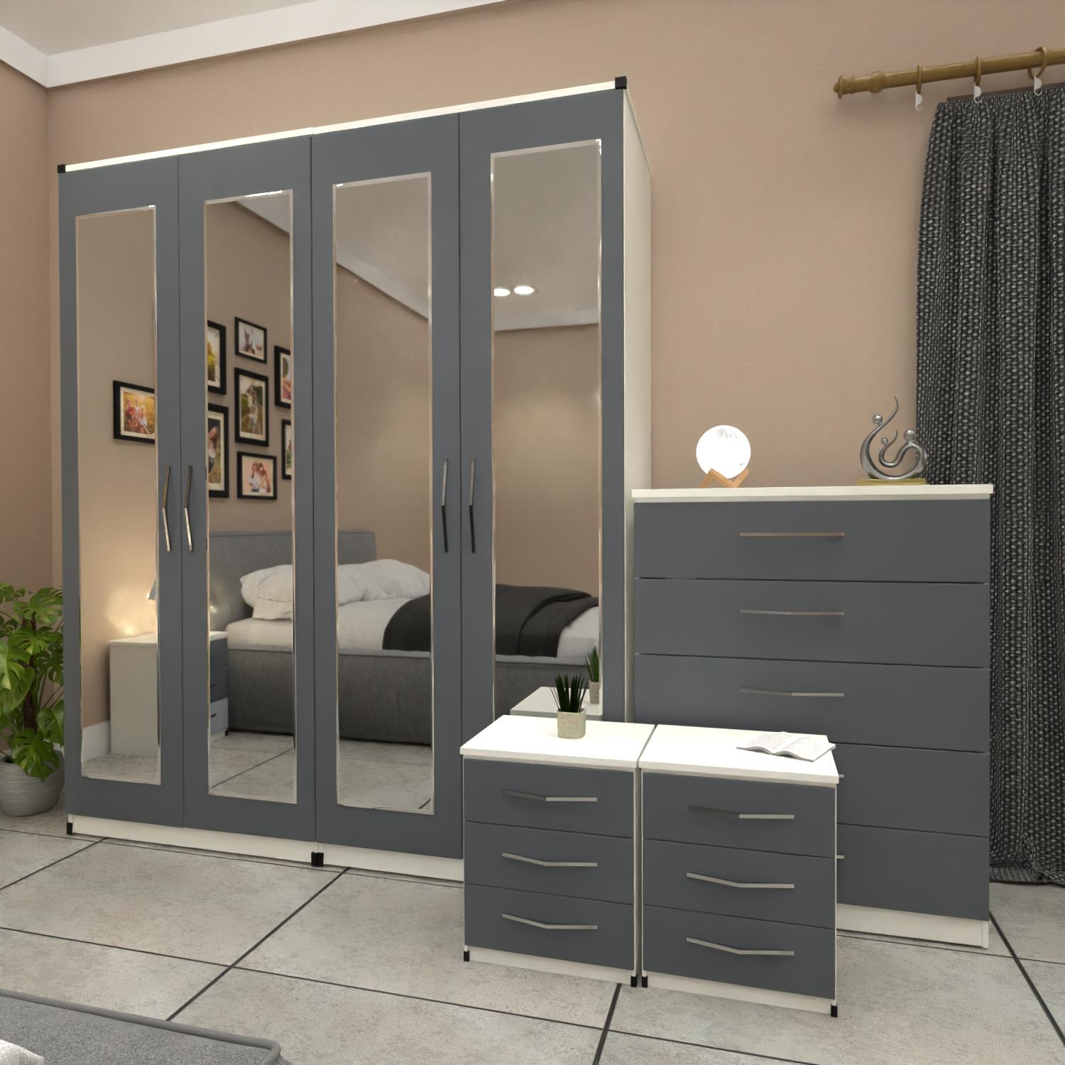 Grey & White 4 door mirrored wardrobe furniture set with 2 bedside cabinets and chest drawers