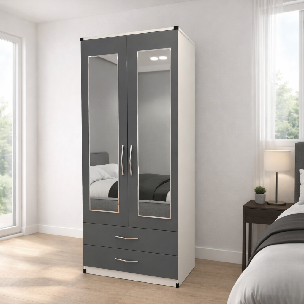 Grey & White finish 2 door mirrored wardrobe with drawer storage