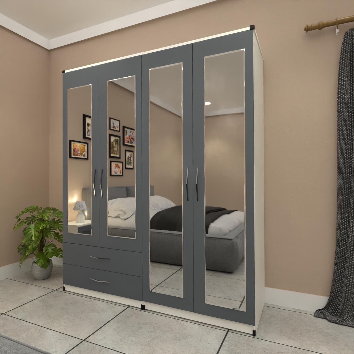 Grey & White 4 door mirrored wardrobe furniture set with storage drawers