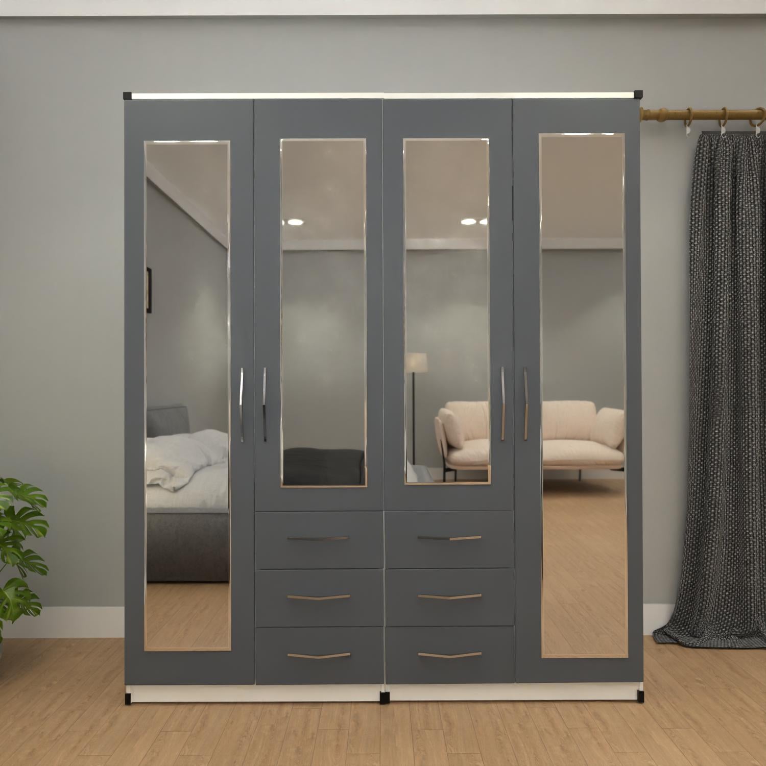 Grey & White 4 door mirrored combi wardrobe with 6 drawers